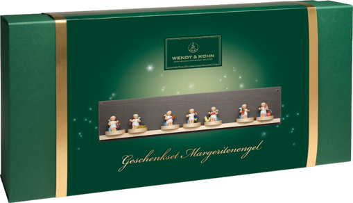 634/SET/1/d, Set wandplankje met margrietengelen, 7 figuren