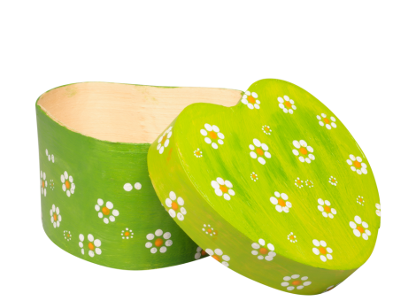 grün mit Blumen bemalte Spandose in Herzform mit abnehmbarem Deckel