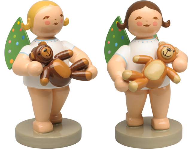 Engel met gekleurde stippen op de vleugels en teddybeer
