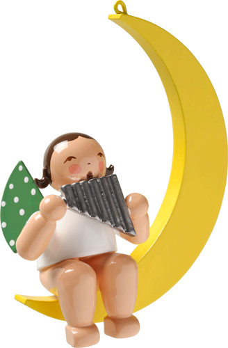 Engel met panfluit, zittend op de maan