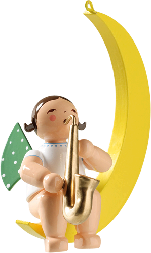 Engel met saxofoon, zittend op de maan