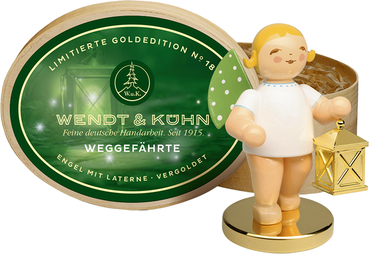 Limited Gold Edition No. 18, The Faithful One, Angel with Lantern on a Metal Base, Gold-plated, in a Splinter Box