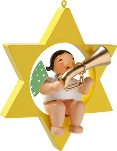 Engel met bastrompet, zittend in een ster