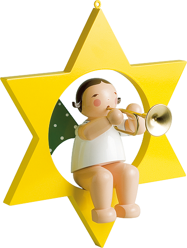 Engel met trompet, zittend in een ster, groot