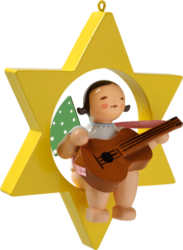 Engel met gitaar, zittend in een ster