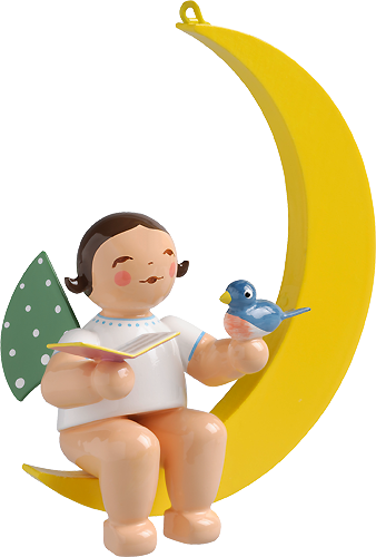 Engel met liedboek en vogel, zittend op de maan