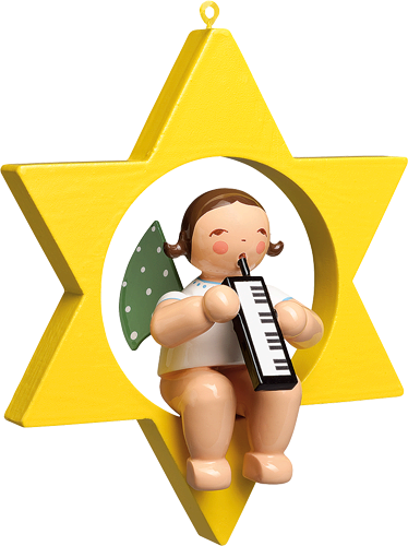 Engel met melodica, zittend in een ster